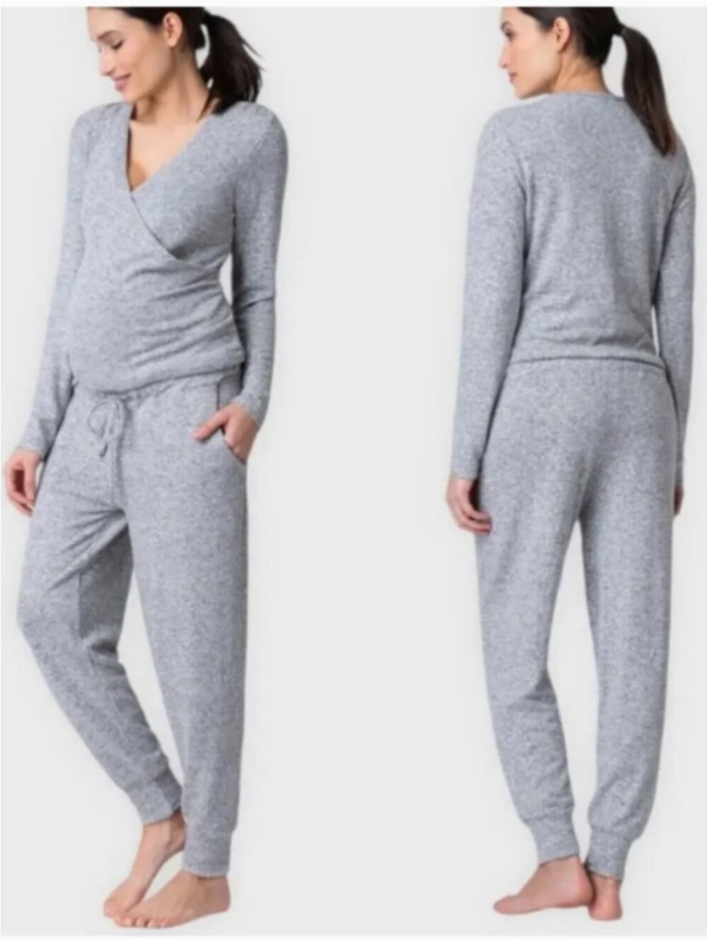 Seraphine Heather Gray Long Sleeve Knit Maternity Nursing Jumpsuit